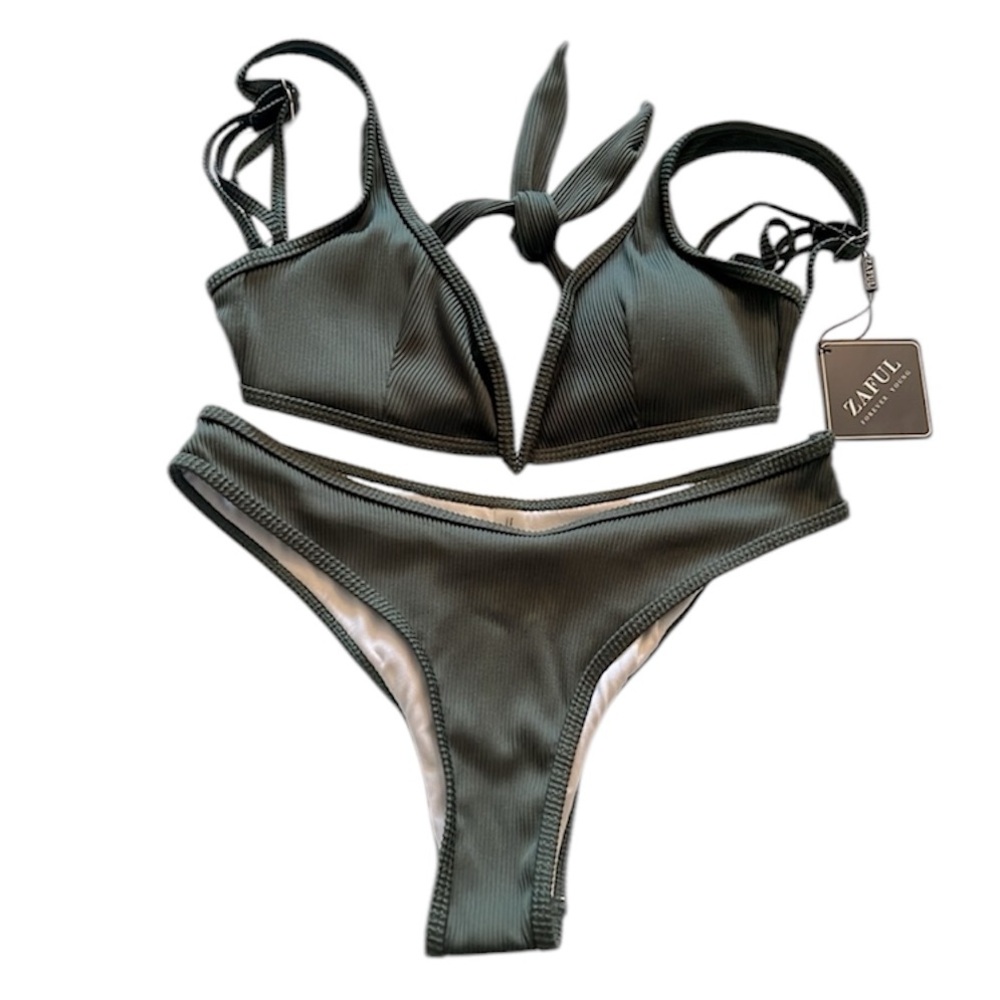 ZAFUL Forever Young Dark Forest Green Ribbed Triangle Bikini Swim Set 4